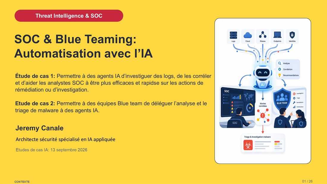 Slide 1 : SOC et Blue Teaming, automatisation avec l'IA