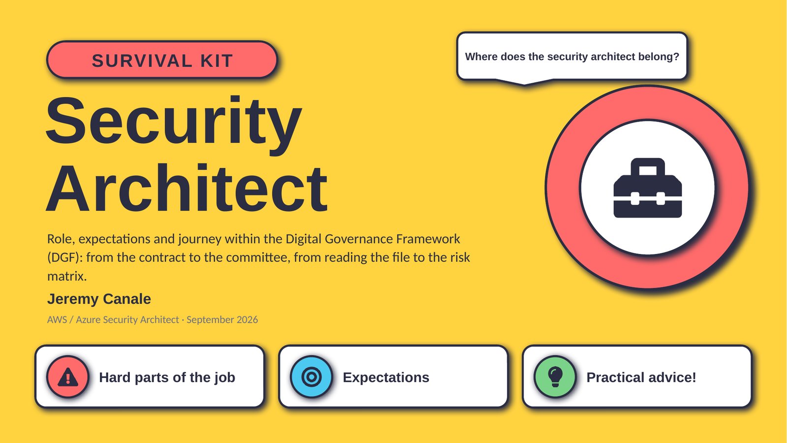 First slide of the survival kit: Security Architect, role, expectations and journey within the DGF